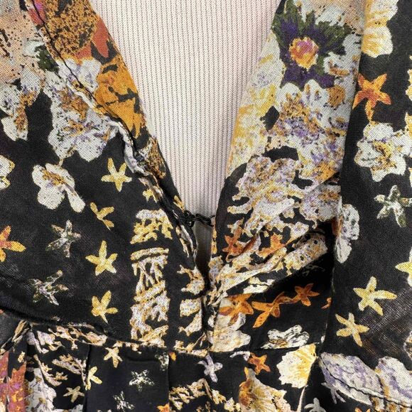 Free People Undune Mini Black Floral Ruffled V-Neck Dress Size Large - Picture 5 of 7